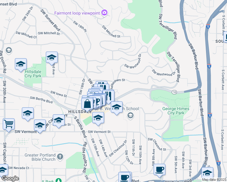 map of restaurants, bars, coffee shops, grocery stores, and more near 1264 Southwest Cheltenham Street in Portland