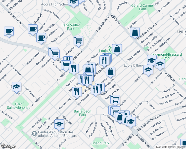 map of restaurants, bars, coffee shops, grocery stores, and more near 5434 Montée Saint-Hubert in Longueuil