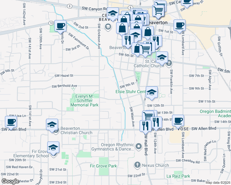 map of restaurants, bars, coffee shops, grocery stores, and more near 12900 Southwest 9th Street in Beaverton