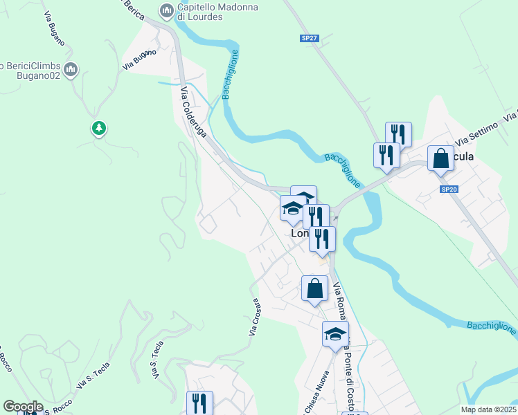 map of restaurants, bars, coffee shops, grocery stores, and more near 22 Via Roma in Longare