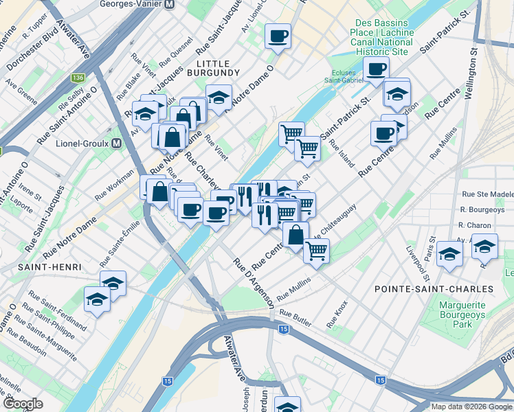 map of restaurants, bars, coffee shops, grocery stores, and more near 2566 Rue Saint-Patrick in Montréal
