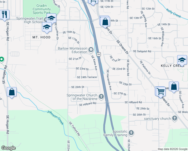 map of restaurants, bars, coffee shops, grocery stores, and more near 3293 Southeast 24th Terrace in Gresham