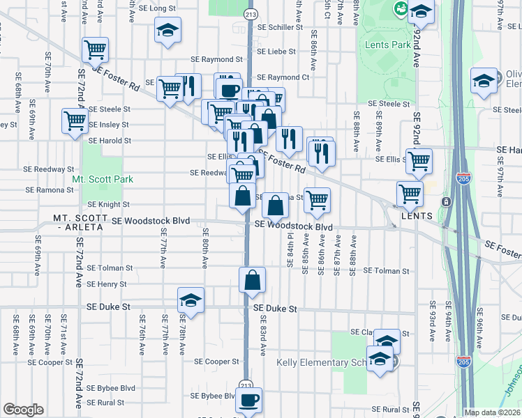 map of restaurants, bars, coffee shops, grocery stores, and more near 5907 Southeast 83rd Avenue in Portland
