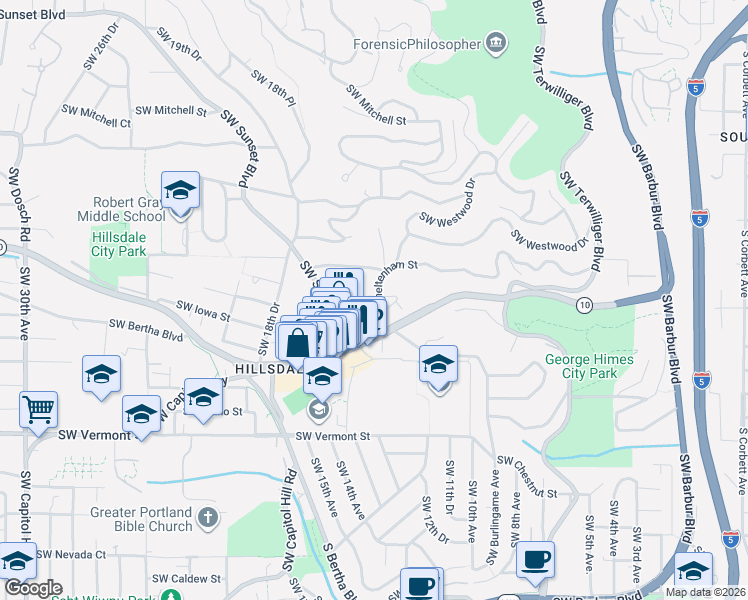 map of restaurants, bars, coffee shops, grocery stores, and more near 1264 Southwest Cheltenham Street in Portland