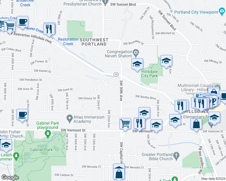 map of restaurants, bars, coffee shops, grocery stores, and more near 3121 Southwest Iowa Street in Portland