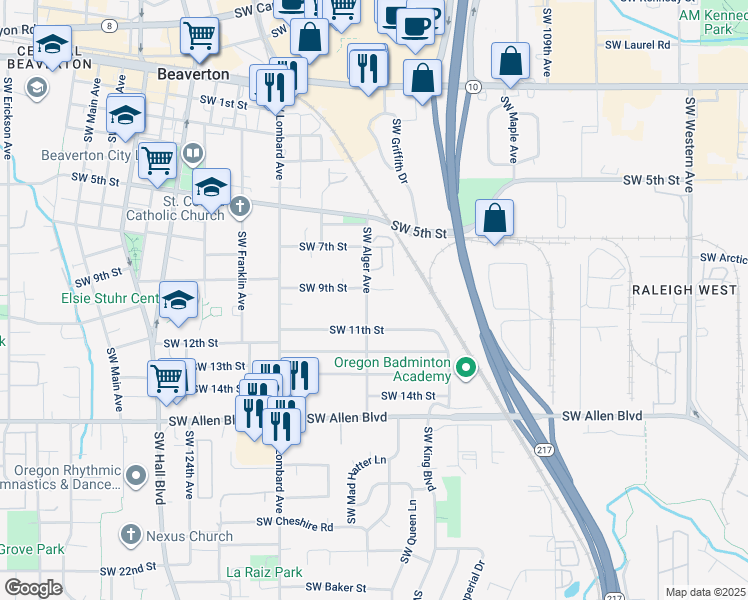 map of restaurants, bars, coffee shops, grocery stores, and more near 5486 Southwest Alger Avenue in Beaverton