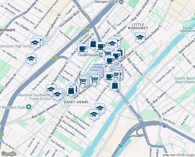 map of restaurants, bars, coffee shops, grocery stores, and more near in Montreal