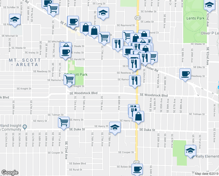 map of restaurants, bars, coffee shops, grocery stores, and more near 7814 Southeast Knight Street in Portland