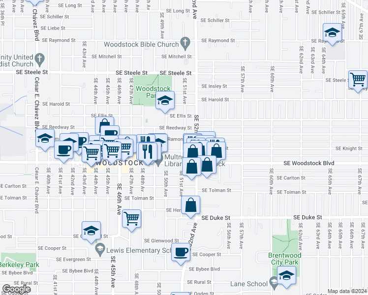 map of restaurants, bars, coffee shops, grocery stores, and more near 5820 Southeast 51st Avenue in Portland
