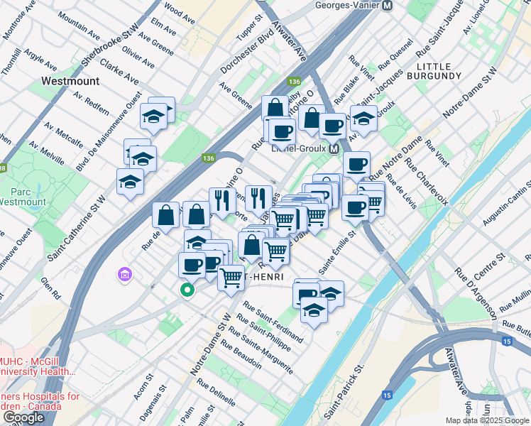 map of restaurants, bars, coffee shops, grocery stores, and more near 715 Irene Street in Montreal