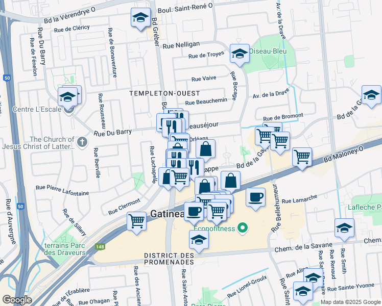map of restaurants, bars, coffee shops, grocery stores, and more near 475 Boulevard de la Gappe in Gatineau