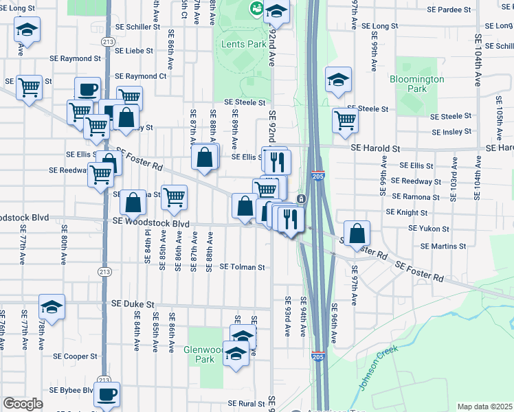 map of restaurants, bars, coffee shops, grocery stores, and more near SE Foster Rd & SE 91st Ave in Portland