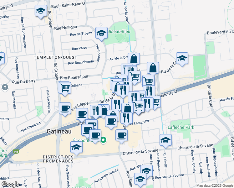 map of restaurants, bars, coffee shops, grocery stores, and more near 224 Rue Bellehumeur in Gatineau