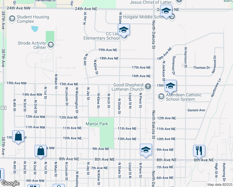 map of restaurants, bars, coffee shops, grocery stores, and more near 1405 North State Street in Aberdeen