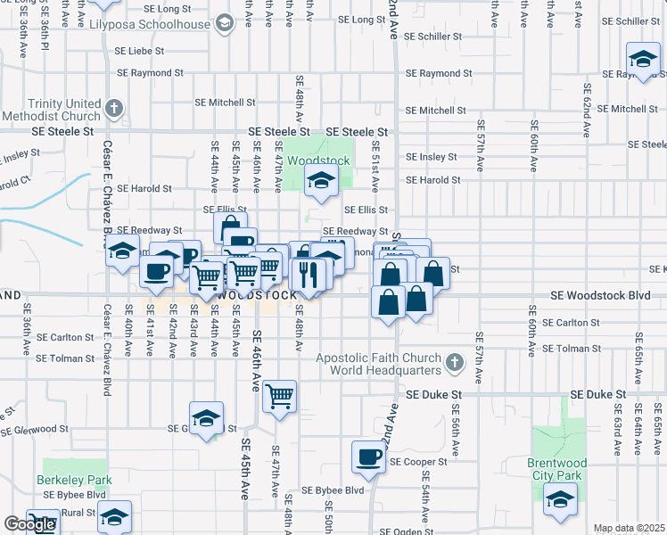 map of restaurants, bars, coffee shops, grocery stores, and more near 5829 Southeast 50th Avenue in Portland