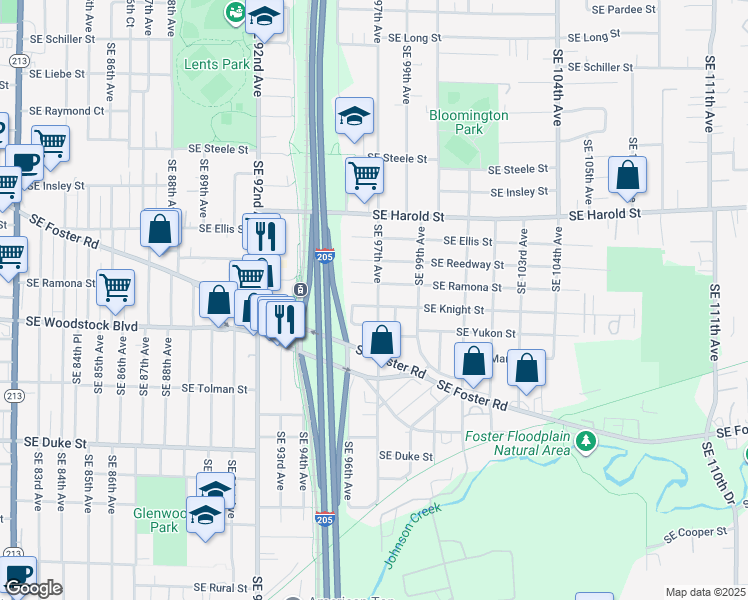 map of restaurants, bars, coffee shops, grocery stores, and more near 9659 Southeast Knight Street in Portland