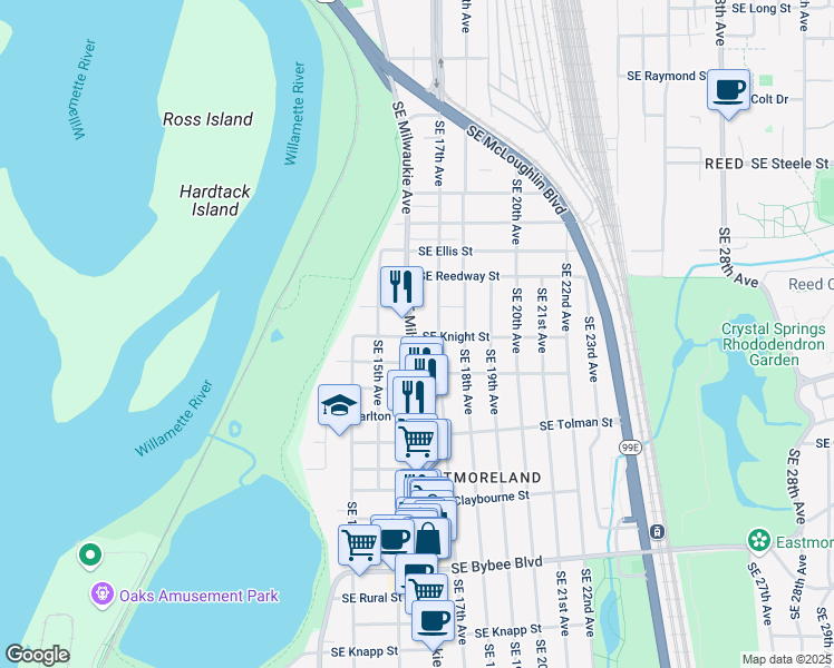 map of restaurants, bars, coffee shops, grocery stores, and more near 1610 Southeast Knight Street in Portland