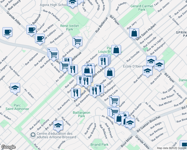 map of restaurants, bars, coffee shops, grocery stores, and more near 5420 Montée Saint-Hubert in Longueuil