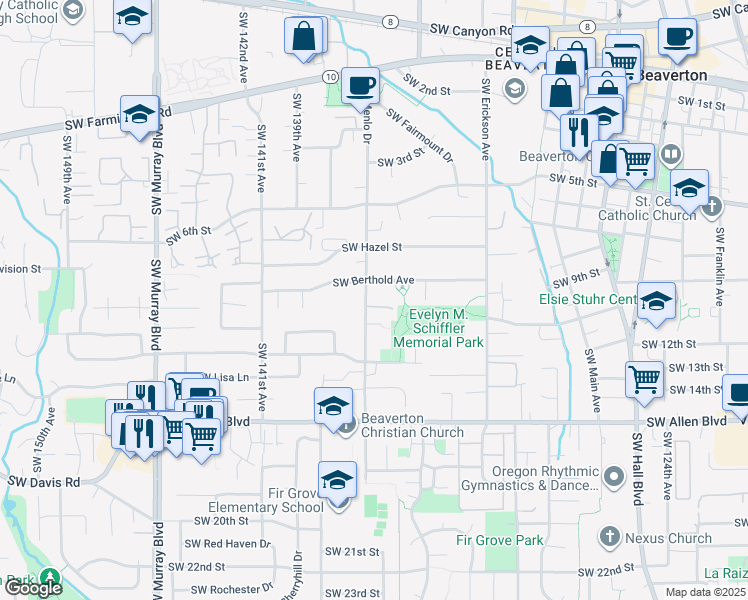 map of restaurants, bars, coffee shops, grocery stores, and more near 5470 Southwest Menlo Drive in Beaverton