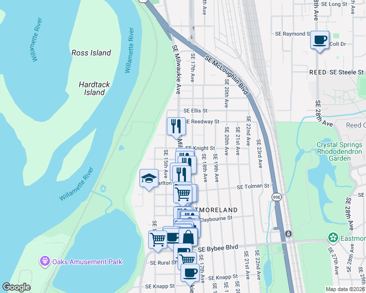 map of restaurants, bars, coffee shops, grocery stores, and more near 5848 Southeast Milwaukie Avenue in Portland