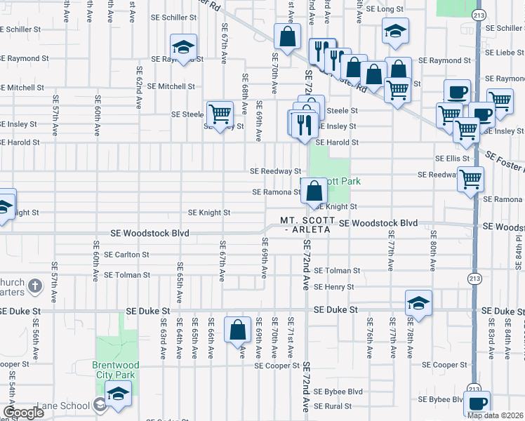 map of restaurants, bars, coffee shops, grocery stores, and more near 6850 Southeast Knight Street in Portland