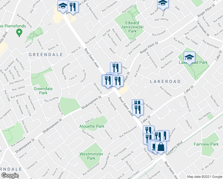 map of restaurants, bars, coffee shops, grocery stores, and more near 4230 Boulevard Saint-Jean in Dollard-Des Ormeaux