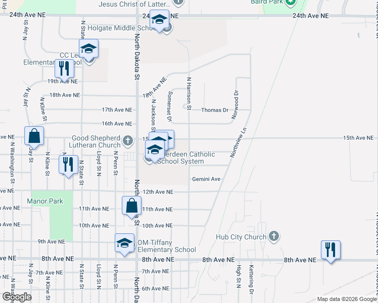 map of restaurants, bars, coffee shops, grocery stores, and more near 1298 Casper Ave in Aberdeen