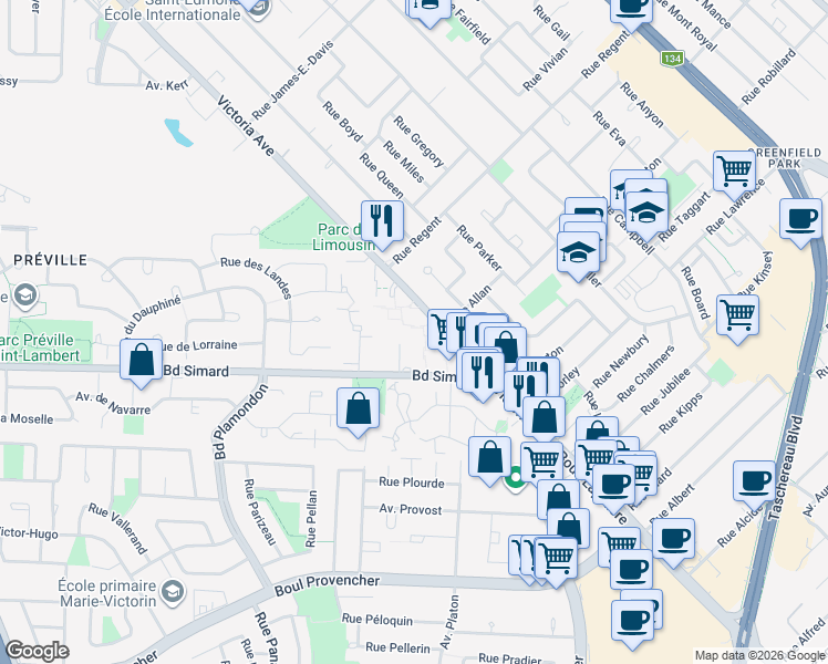 map of restaurants, bars, coffee shops, grocery stores, and more near 317 Place de Valençay in Saint-Lambert