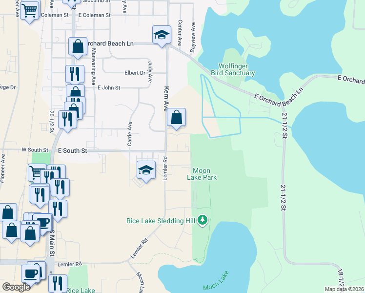 map of restaurants, bars, coffee shops, grocery stores, and more near 715 East South Street in Rice Lake