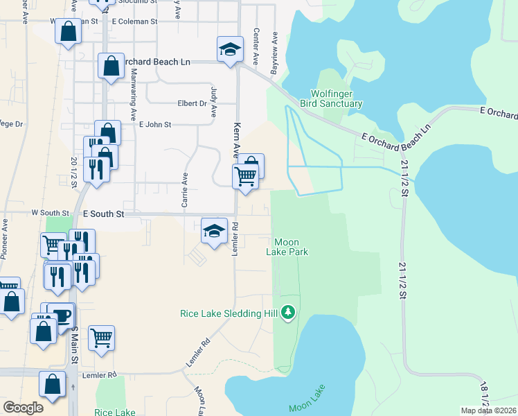 map of restaurants, bars, coffee shops, grocery stores, and more near 715 East South Street in Rice Lake