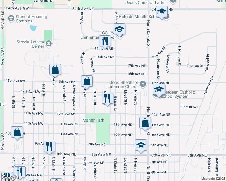 map of restaurants, bars, coffee shops, grocery stores, and more near 1405 North State Street in Aberdeen