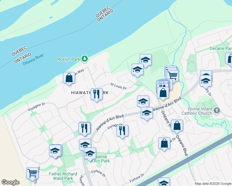 map of restaurants, bars, coffee shops, grocery stores, and more near 963 Snowshoe Crescent in Ottawa