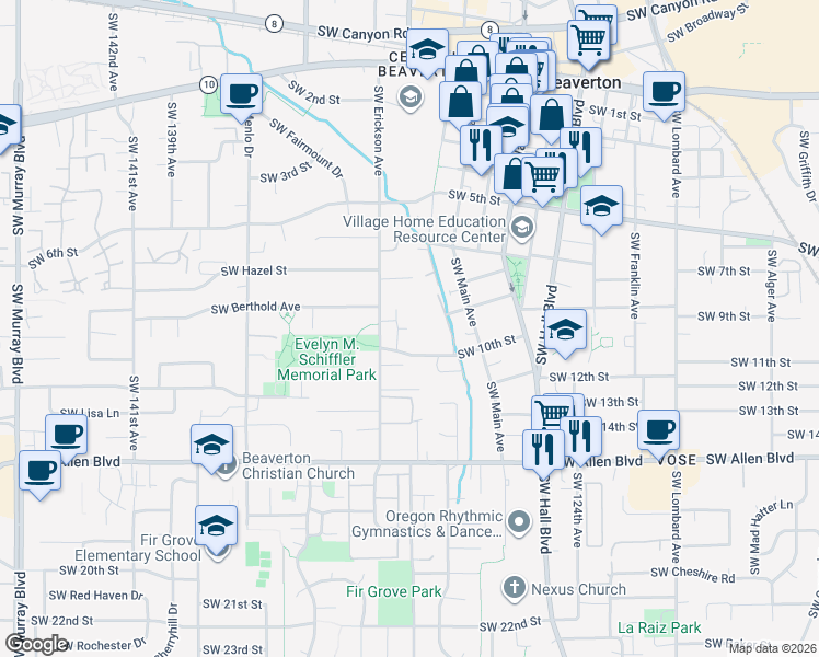 map of restaurants, bars, coffee shops, grocery stores, and more near 5450 Southwest Erickson Avenue in Beaverton