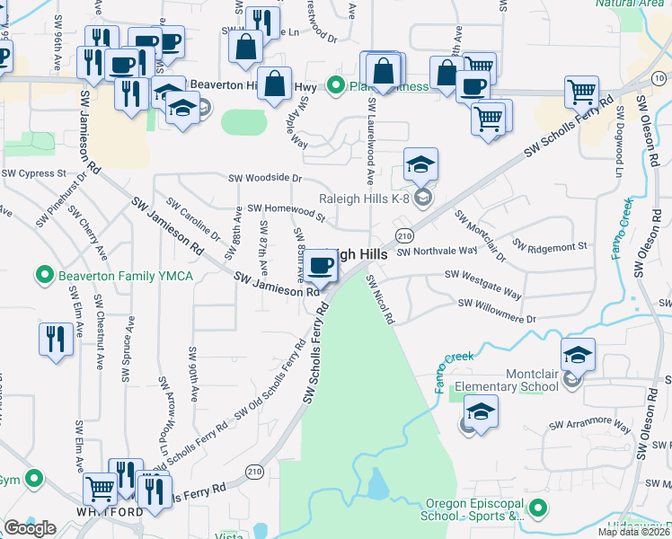 map of restaurants, bars, coffee shops, grocery stores, and more near 5555 Southwest Scholls Ferry Road in Portland