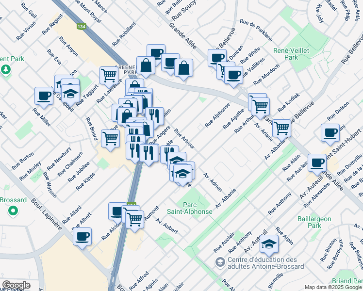 map of restaurants, bars, coffee shops, grocery stores, and more near 6010 Rue Alphonse in Brossard