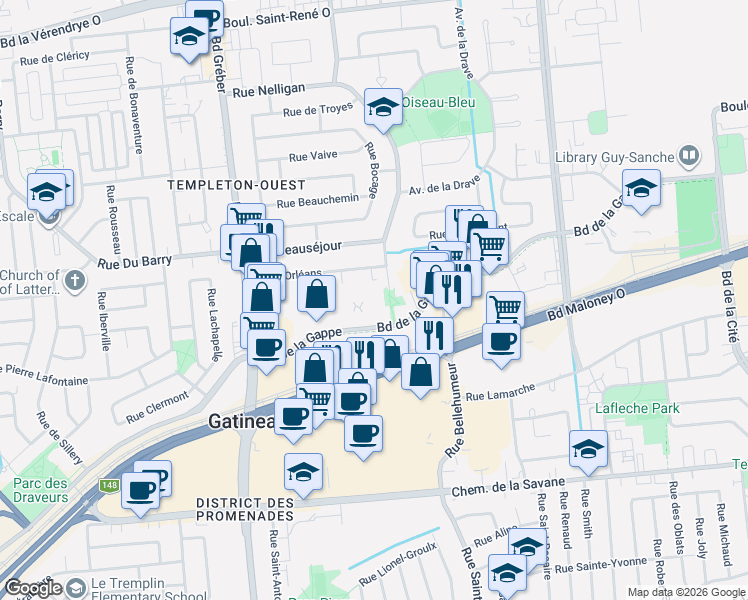 map of restaurants, bars, coffee shops, grocery stores, and more near 525 Boulevard de la Gappe in Gatineau