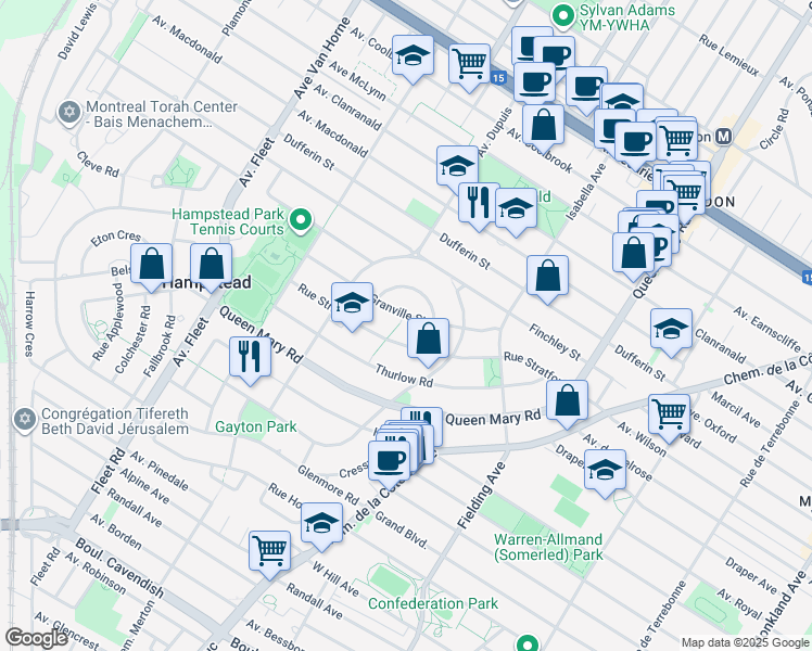 map of restaurants, bars, coffee shops, grocery stores, and more near 30 Rue Granville in Hampstead