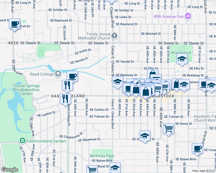 map of restaurants, bars, coffee shops, grocery stores, and more near 3809 Southeast Knight Street in Portland
