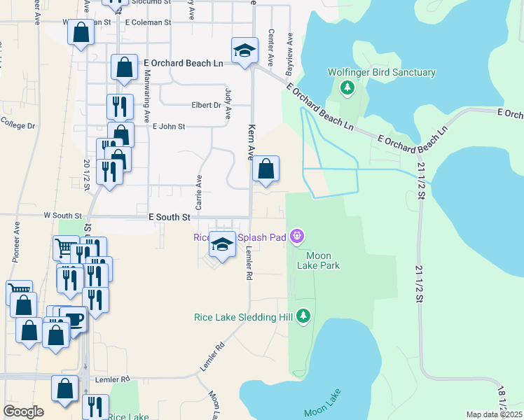 map of restaurants, bars, coffee shops, grocery stores, and more near 615 East South Street in Rice Lake