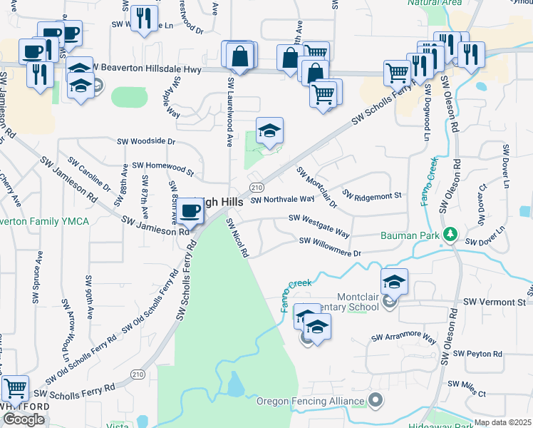 map of restaurants, bars, coffee shops, grocery stores, and more near 7975 Southwest Westgate Way in Portland