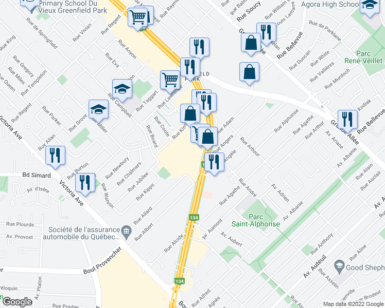 map of restaurants, bars, coffee shops, grocery stores, and more near 5000 Boulevard Taschereau in Montérégie