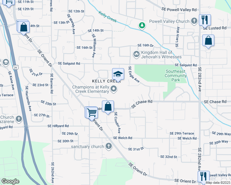 map of restaurants, bars, coffee shops, grocery stores, and more near 2400 Southeast Baker Way in Gresham