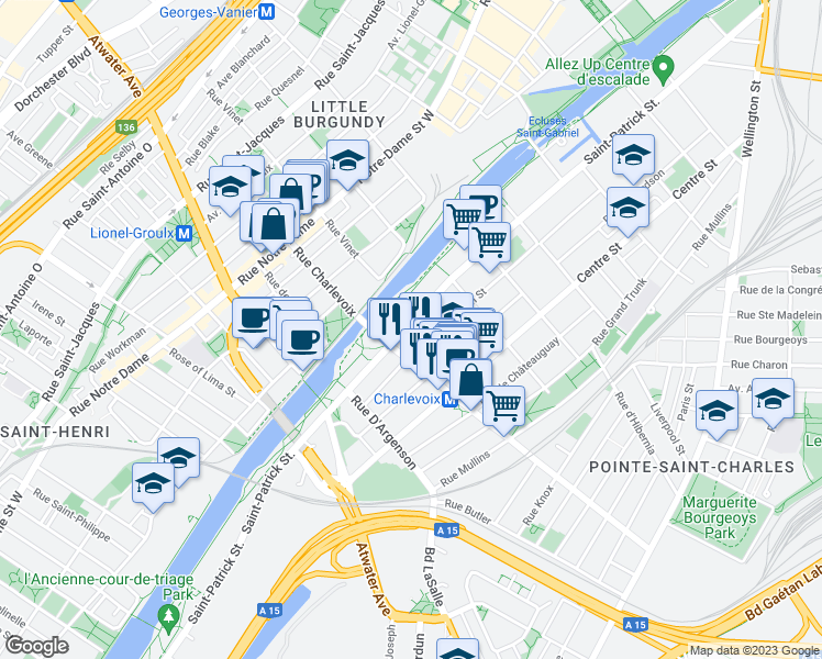 map of restaurants, bars, coffee shops, grocery stores, and more near 2560 Rue Saint-Patrick in Montréal