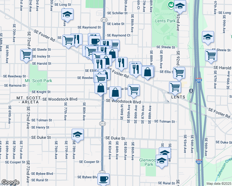 map of restaurants, bars, coffee shops, grocery stores, and more near 5837 Southeast 84th Avenue in Portland