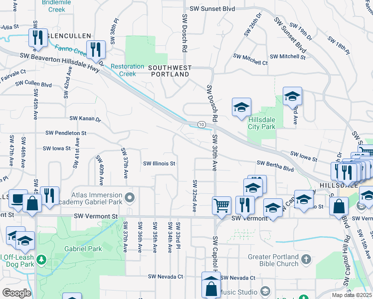 map of restaurants, bars, coffee shops, grocery stores, and more near 3202 Southwest Bertha Boulevard in Portland