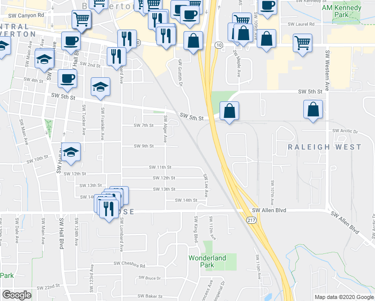 map of restaurants, bars, coffee shops, grocery stores, and more near 5482 Southwest Alger Avenue in Beaverton