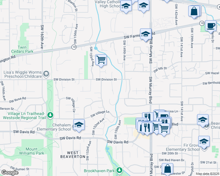 map of restaurants, bars, coffee shops, grocery stores, and more near 5505 Southwest 150th Court in Beaverton