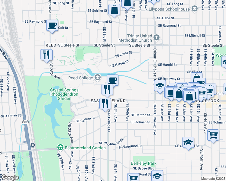 map of restaurants, bars, coffee shops, grocery stores, and more near 3203 Southeast Woodstock Boulevard in Portland