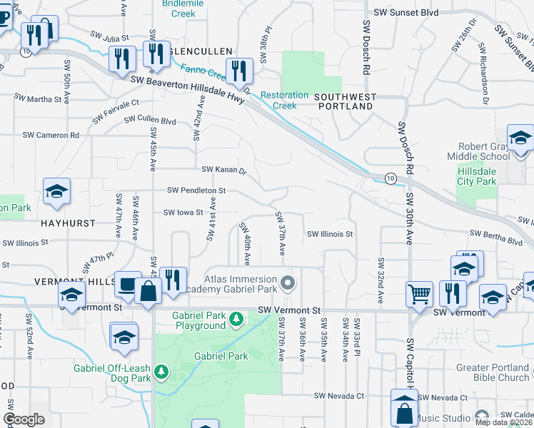 map of restaurants, bars, coffee shops, grocery stores, and more near 3820 Southwest Iowa Street in Portland