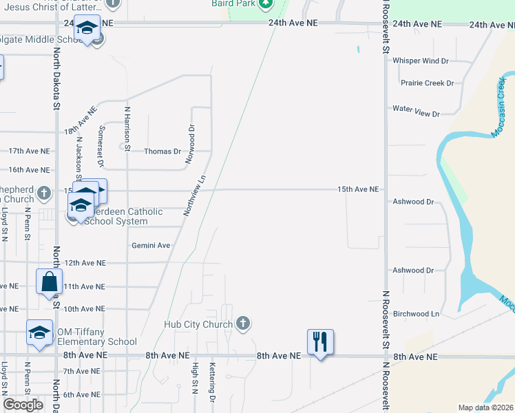 map of restaurants, bars, coffee shops, grocery stores, and more near 15th Avenue Northeast in Aberdeen
